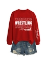 Detailansicht der roten Wrestling Aunt Sweatshirt-Ärmel mit weißem Grafikdruck am Bündchen - S / Rot (Weiße Schrift)