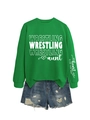 Detailansicht des grünen Wrestling-Aunt-Sweatshirts mit Ärmeldruck und Denim-Shorts-Set - S / Grasgrün (Weiße Schrift)