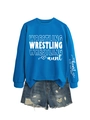 Close-up of the My Heart Is On That Mat sleeve print on blue wrestling aunt sweatshirt - S / Lake Blue (White Font)