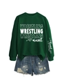Flat lay of green sweatshirt with WRESTLING aunt print and blue distressed denim shorts - S / Dark Green (White Font)