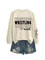 Detail of sleeve print MY heart IS ON THAT MAT on beige wrestling aunt sweatshirt - S / Sand (Black Font)
