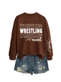 Detail of Women's Brown Wrestling Aunt Sweatshirt and Blue Distressed Denim Shorts - S / Coffee (White Font)