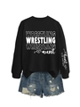 Detail of Wrestling Aunt sweatshirt with sleeve print and ripped denim shorts - S / Black (White Letters)