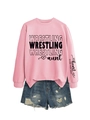 Detail of pink sweatshirt with sleeve text My heart is on that mat and ripped denim shorts - S / Pink (Black Font)