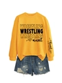 Detail of yellow wrestling sweatshirt and denim shorts with sleeve print text design - S / Yellow (Black Text)