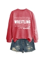 Close-up of heart print and slogan on sleeves of a red casual women's sweatshirt - S / Red (White Font)