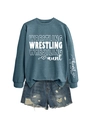 Flat lay of casual crewneck sweatshirt with sleeve print and ripped denim shorts - S / Blue (White Font)