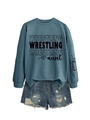 Flat lay of blue wrestling aunt sweatshirt with sleeve print and denim shorts set - S / Blue (Black Font)