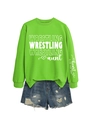 Detail of green Wrestling Aunt sweatshirt with printed slogan on sleeve and denim shorts - S / Fluorescent Green (White Font)