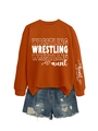 Detail of sleeve print on orange wrestling aunt sweatshirt with denim shorts outfit - S / Burnt Orange (White Font)
