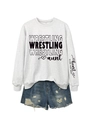 Close-up of sleeve print detail MY heart IS ON THAT MAT on gray sweatshirt and denim shorts - S / Off White (Black Font)
