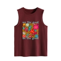 Detail view of the slogan See the Good and floral print on this dark red tank top - S / Burgundy