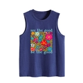 Detail eines dunkelblauen Trägershirts mit Blumendruck und see the good Zitat - Vintage-Blau