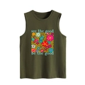 Detail von armee-grünem Tanktop mit Blumendruck und 'see the good' inspirierendem Text - Armeegrün