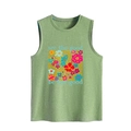 Detailansicht eines grünen ärmellosen Tanktops mit Blumenprint und Motivationsspruch - Olivgrün