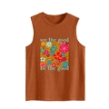 Detailansicht des karamellfarbenen Tanktops mit Blumendruck und Slogan-Aufdruck - Gebranntes Orange