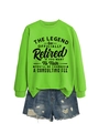 Detail von Rippbündchen und Slogan auf neongrünem Langarm-Sweatshirt mit lässigem Styling - Leuchtgrün (Schwarzer Text)