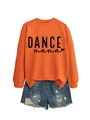 Detail of orange crewneck sweatshirt with Dance Mama print and distressed denim shorts - Orange Sweatshirt (Black Font)