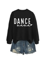 Detail of DANCE mama logo print on black sweatshirt with distressed denim shorts - Black Sweatshirt (White Font)
