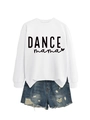 Detail of white cotton crewneck sweatshirt with black DANCE mama print and heart graphic - White Sweatshirt (Black Font)