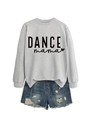 Detail of grey crewneck sweatshirt with black DANCE mama print and distressed denim shorts - Grey Sweatshirt (Black Font)
