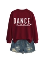 Close-up of burgundy DANCE mama sweatshirt fabric and blue distressed denim shorts detail - Wine Red Sweatshirt (White Font)