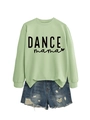 Detail of light green sweatshirt with DANCE mama print and blue distressed denim shorts - Olive Green Sweatshirt (Black Font)
