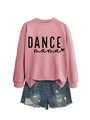 Pink DANCE mama sweatshirt with distressed blue denim shorts flat lay fashion set - Rose Gold Sweatshirt (Black Font)