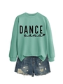 Close-up of mint green crewneck sweatshirt with black DANCE mama print and blue ripped denim shorts - Light Green Sweatshirt (Black Font)