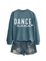 Close-up of DANCE mama navy sweatshirt with ripped denim shorts on white background - Blue Sweatshirt (White Font)