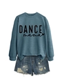Blue-grey sweatshirt featuring 'DANCE mama' text paired with distressed denim shorts - Blue Sweatshirt (Black Font)