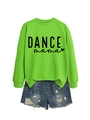 Detail of a bright green long sleeve sweatshirt with DANCE mama print and denim shorts - Neon Green Sweatshirt (Black Font)