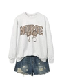 Détail du sweat gris infirmière avec nœud imprimé léopard et motif de stéthoscope - Blanc Cassé
