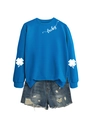 Detail view of lucky four-leaf clover sleeve print on casual bright blue sweatshirt - Lake Blue (White Font)