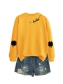 Detail of yellow lucky sweatshirt with clover sleeve print and ripped denim shorts - Yellow (Black Font)