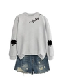 Detail of grey sweatshirt with lucky text and blue distressed denim shorts set - Grey (Black Font)