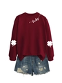 Detail of burgundy sweatshirt showing lucky text print and four-leaf clover sleeve design - Wine Red (White Font)