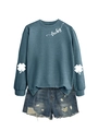 Detail of the white four-leaf clover print on sleeves and Lucky text on gray-blue sweatshirt - Blue (White Font)
