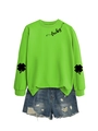 Detail of neon green sweatshirt featuring lucky text and clover prints on sleeves - Neon Green (Black Font)