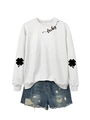 Detail of gray sweatshirt with lucky script print and clover pattern on sleeves - Off-White (Black Font)