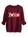 Detail of burgundy sweatshirt featuring XOXO pencil and heart graphic print with ribbed cuffs - S / Burgundy