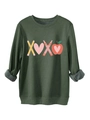 Detail showing the thick grey fleece lining inside the dark green XOXO sweatshirt - S / Army Green
