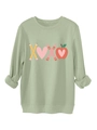 Detail of sage green ribbed crewneck sweatshirt featuring XOXO teacher graphic print - Olive Green