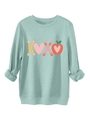 Detail of ribbed cuffs and creative XOXO graphic on mint green plush sweatshirt - Light Green