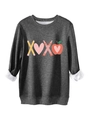 Detail of grey sweatshirt showing warm white fleece lining and creative XOXO graphic print - Dark Gray