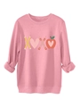 Close-up of pink crewneck sweatshirt featuring XOXO pencil and apple graphic print - Peach