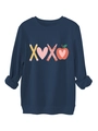 Detail of navy blue sweatshirt showing ribbed cuffs and creative XOXO school graphic - Navy Blue
