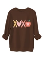 Detailed view of the XOXO graphic print on the brown plush crewneck sweatshirt - Coffee