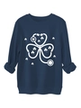 Close-up of navy crewneck sweatshirt featuring white clover and stethoscope heart graphic - Navy Blue
