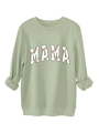 Détail du sweat vert sauge avec imprimé MAMA et texture de couture de baseball - Vert olive